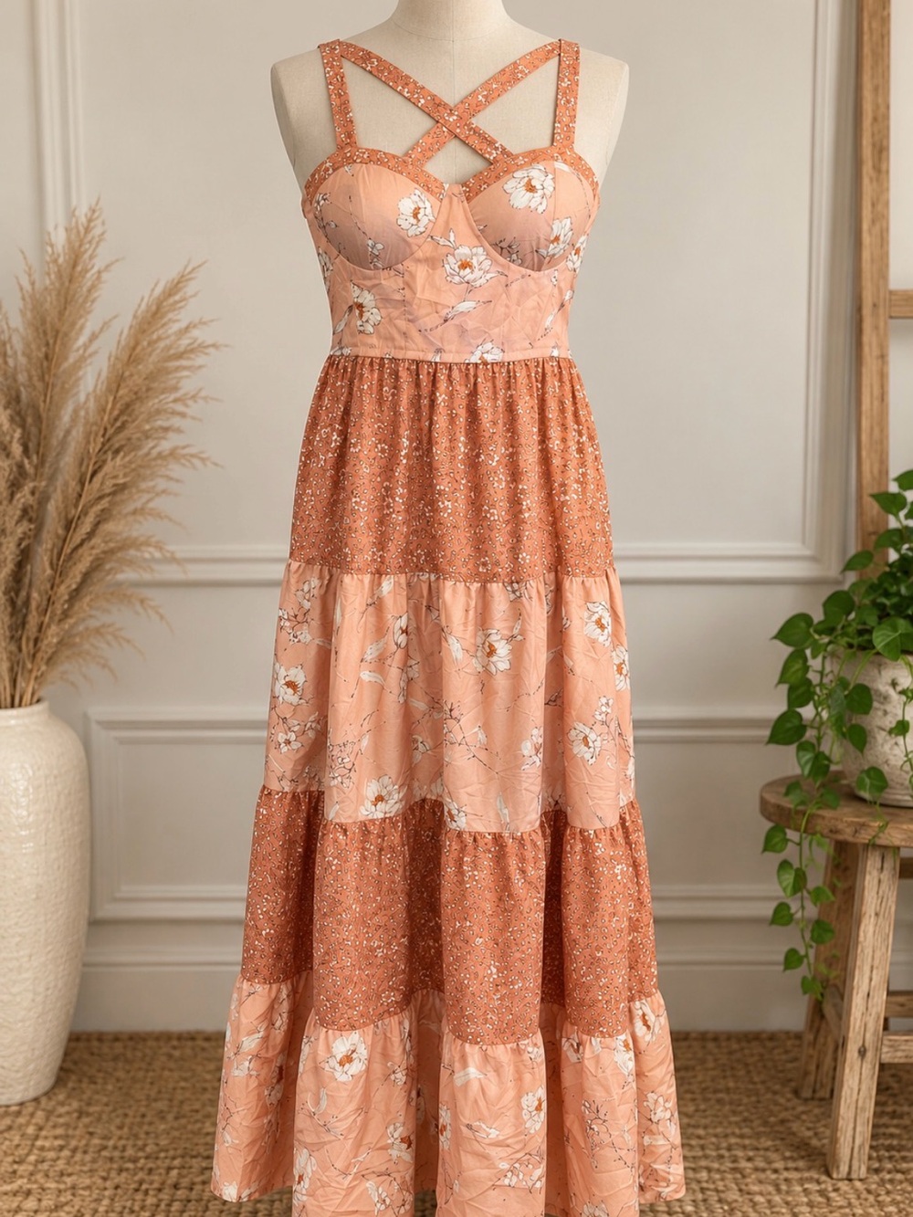 Peach Floral Tiered Maxi Dress with Crisscross Straps